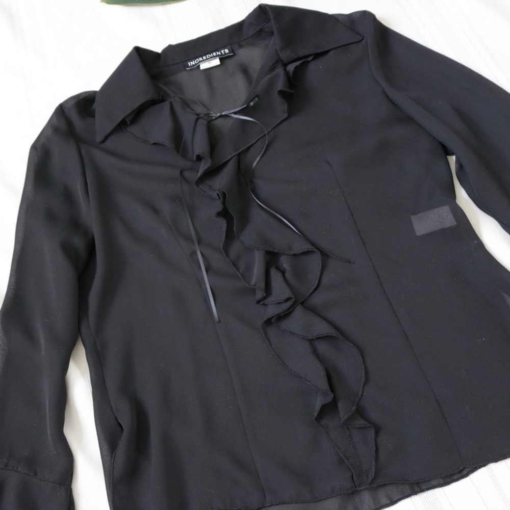 Black sheer mesh ruffle bell sleeve blouse - Picture 6 of 8